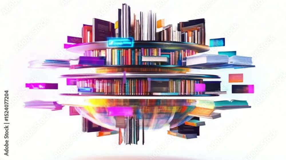 Poster a vibrant, spherical array of bookshelves, overflowing with colorful books and floating book stacks 