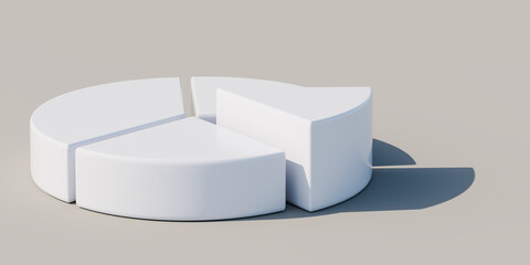 A brightly lit white pie chart with hard shadows. Financial figures, statistics concept