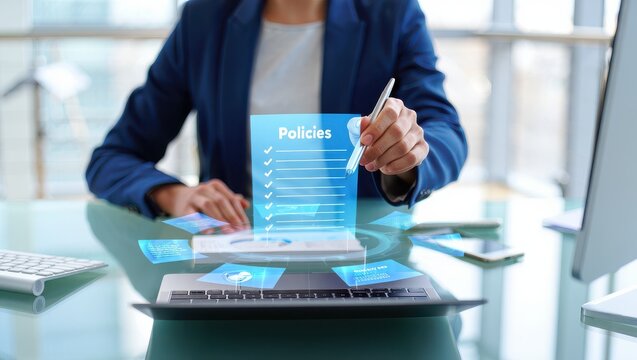 Businesswoman Reviewing Company Policies on Holographic Display - Powered by Adobe