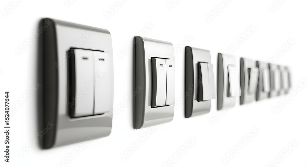Poster row of light switches mounted on a white wall in a close up perspective view image