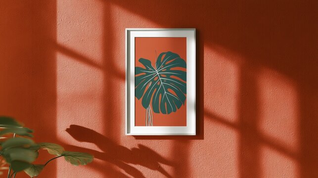 Poster mockup in a white frame on a terracotta wall with plant shadows highlighting a hand drawn monstera leaf pattern in dark green, modern style