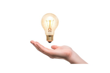 Illuminating Idea: Human hand presenting an incandescent bulb emitting bright light of inspiration.