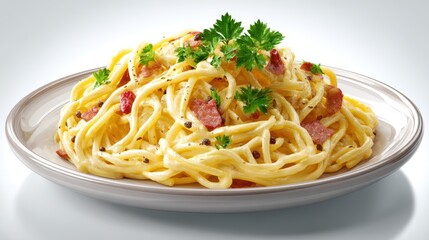 classic spaghetti carbonara served on ceramic plate, isolated on pure white background, photorealistic