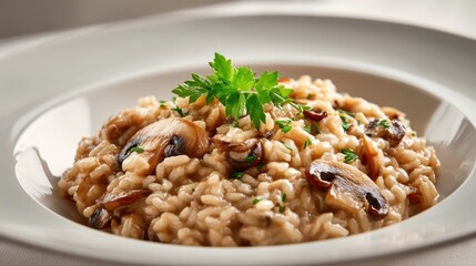 creamy mushroom risotto on wide plate, photorealistic detail, white backdrop
