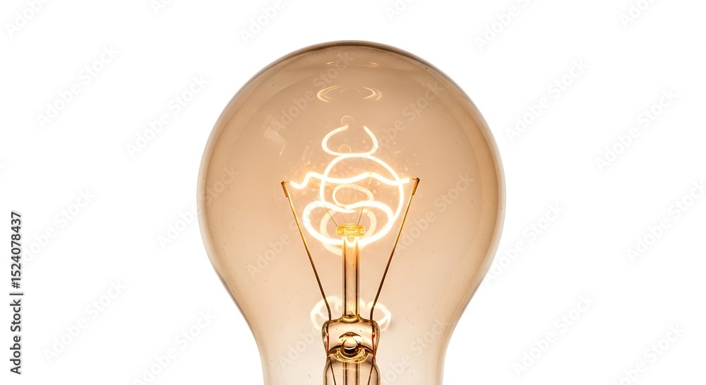 Poster a close up of a lit light bulb with a visible filament on a white background view 88