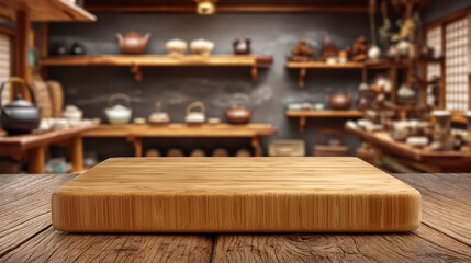 Bamboo cutting board mockup with natural grain in foreground and softly blurred zen tea room background