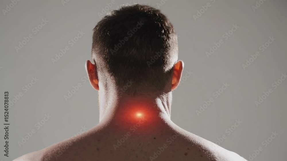 Aufkleber pain in the neck of a man is highlighted by a red spot in the center of the image, indicating the pr
