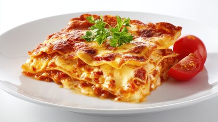 freshly baked lasagna on round plate, melted cheese and tomato sauce, clean white background