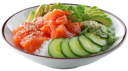 fresh poke bowl with raw salmon, rice, cucumber and avocado on round plate, isolated on white