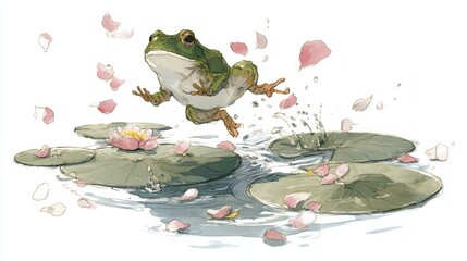 Pastel watercolor illustration of a playful frog jumping between lily pads in a crystal clear pond surrounded by floating petals