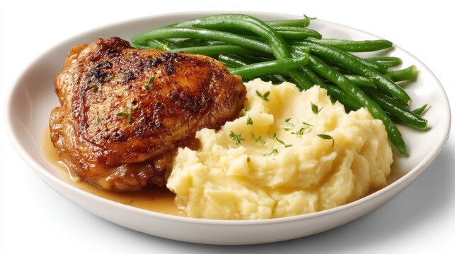 plate with roasted chicken thigh, mashed potatoes and green beans on white backdrop, realistic food styling