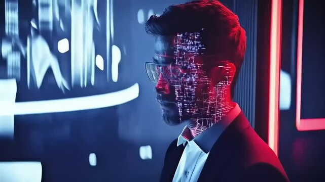 Man in suit with a digital overlay representing futuristic technology integration