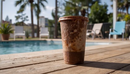 Naklejka premium Disposable coffee cup placed near swimming pool on wooden deck 