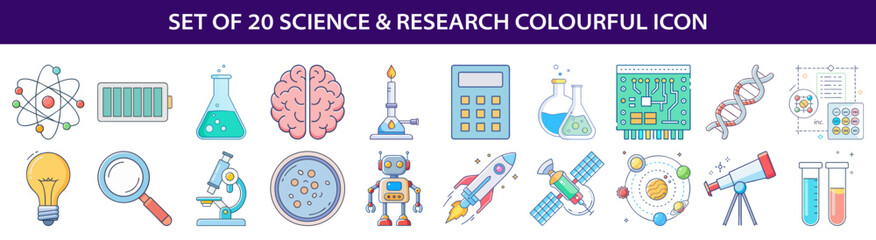Set of twenty science and research colorful icons depicting various scientific fields
