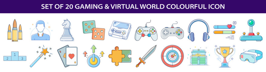 Set of 20 gaming and virtual world colourful icons depicting game elements