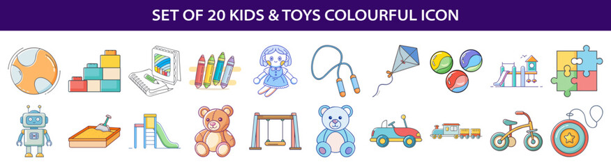 Colorful vector illustration set showcasing a variety of kids toys and activities
