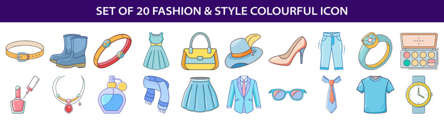 Collection of twenty fashion and style colourful vector icons for clothing accessories