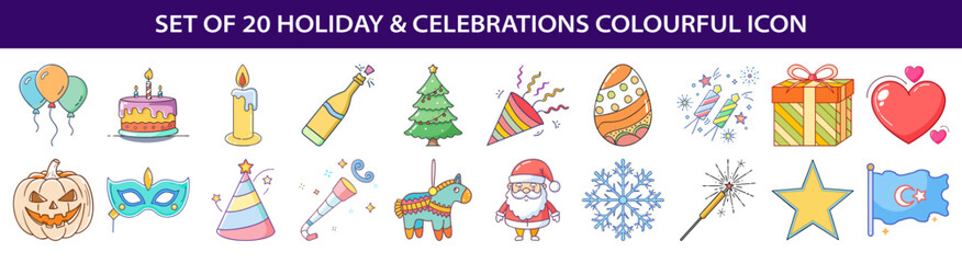 Collection of colorful holiday and celebration icons representing diverse festive occasions