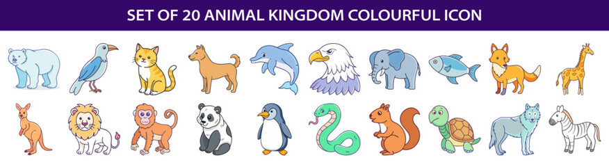 Fototapeta premium Set of 20 colorful animal kingdom icon illustrations isolated on white