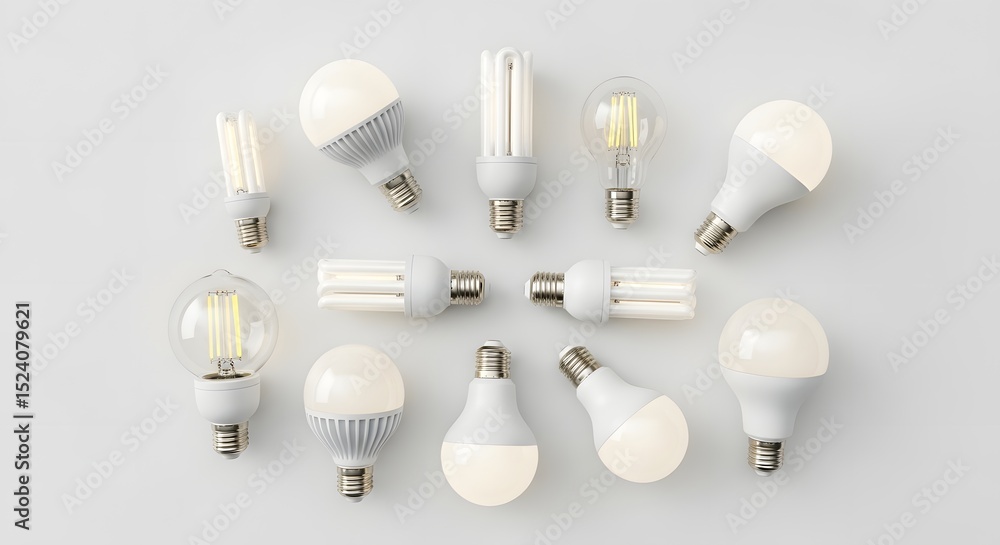 Poster various types of light bulbs arranged on a white surface in a studio setting overhead