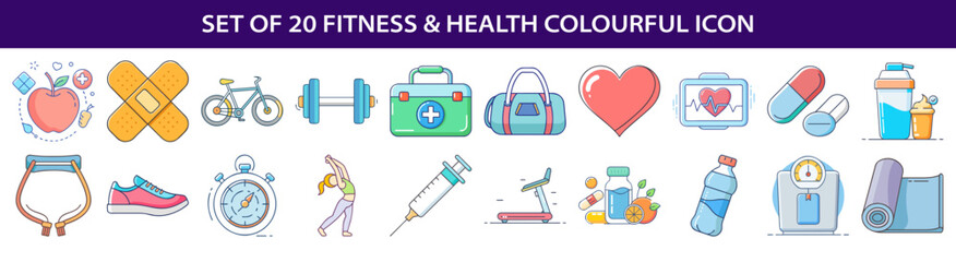 Set of 20 Fitness and Health Colorful Icon Vector Illustration Design