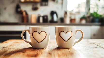 Two coffee cups with heart-shaped foam designs placed side by side on a cozy kitchen table