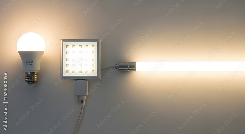 Poster a collection of three different types of led lights illuminating a white surface well