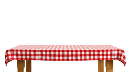 Empty wooden table with red gingham tablecloth isolated on transparent background