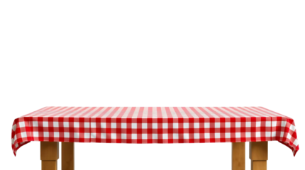 Empty wooden table with red gingham tablecloth isolated on transparent background
