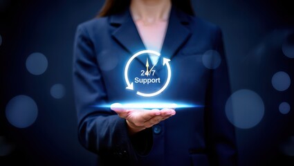 Businesswoman Presenting 24 7 Customer Support Concept with Glowing Clock and Arrow Symbol on Her Open Palm