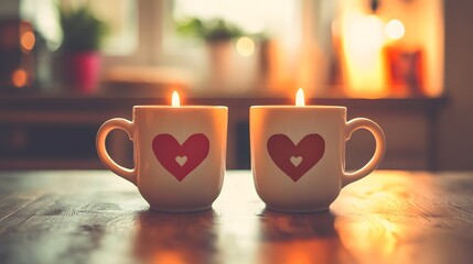 Two coffee cups with heart-shaped foam designs placed side by side on a cozy kitchen table