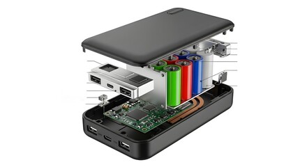 Exploded view of a power bank showing batteries circuit board and usb ports in detail