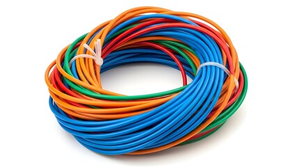 A coil of colorful electrical wires secured with a white plastic tie on a white surface