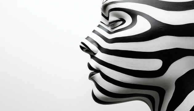 Perfil lateral de um rosto humano com padr&atilde;o listrado em preto e branco em design minimalista