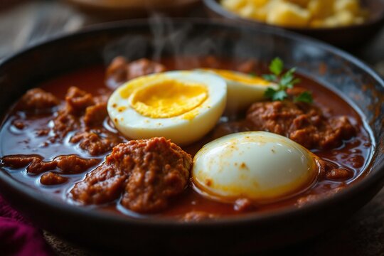 Deep red Doro Wat Chicken stew with eggs. Spicy Stew with Hard-Boiled Eggs: A Culinary Delight