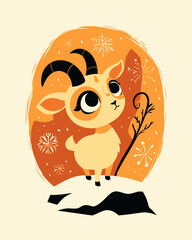 Cute Cartoon Goat Illustration with Snowflakes and Winter Background
