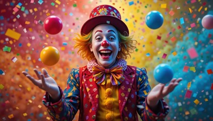 A joyful clown juggling colorful balls and confetti, cheerful carnival performance