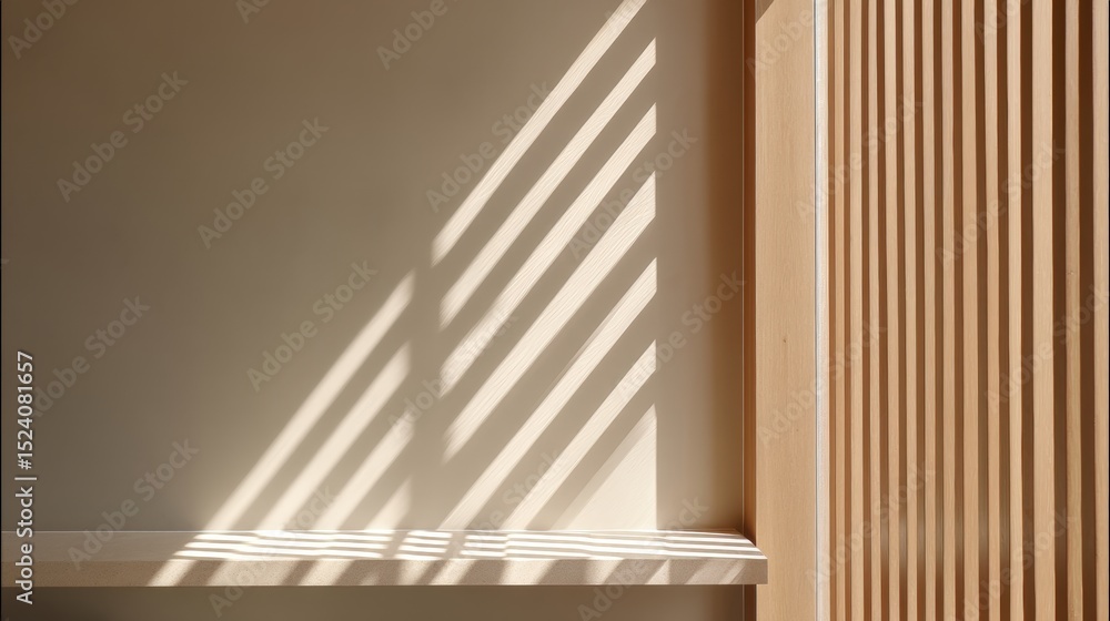 Poster minimalist light and shadow pattern on a wooden wall with vertical slats, creating a tranquil and mo