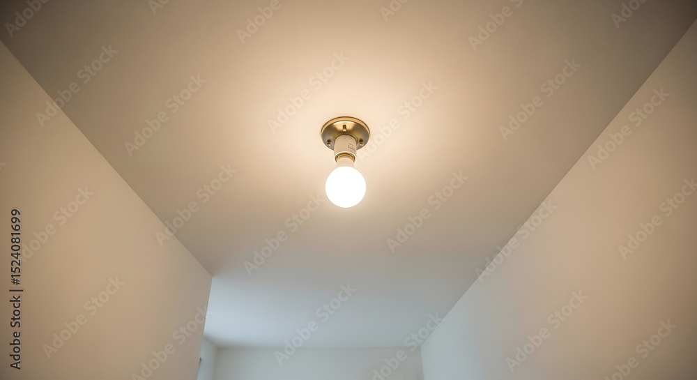 Poster illuminated lightbulb fixture centered on a white ceiling with walls on either side
