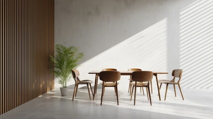 Fototapeta premium Minimalist dining area with wooden furniture, a potted plant, and sunlight casting shadows through slatted walls.