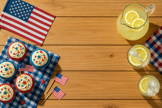 Patriotic picnic table setup with festive cupcakes topped with red, white, and blue sprinkles, American flags, and refreshing lemonade—perfect for Independence Day celebrations, summer gatherings