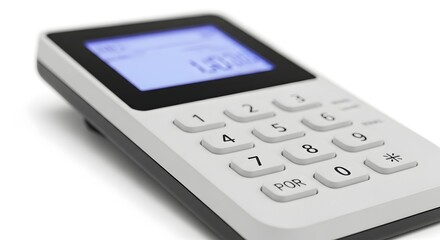 Close up shot of a white and black minimalist phone with a blue screen display showing