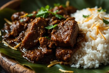 Delicious Beef Rendang with Steamed Rice