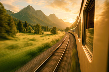 Golden-hour view from a moving train winding through scenic mountain landscapes—capturing the thrill of rail travel, freedom of the open tracks, and the peaceful beauty of nature passing by 
