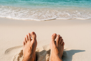 Fototapeta premium Relaxing moment with feet buried in warm, soft sand on a peaceful tropical beach, waves gently approaching the shore—capturing the essence of a tranquil vacation, barefoot freedom, seaside leisure