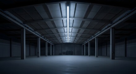 Obraz premium A dimly lit warehouse interior with concrete pillars and a single fluorescent light