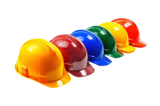 Color-Coded Safety: A line of vibrant, hard hats of varying hues, symbolizing safety and unity in the construction workplace. Capturing the essence of worker protection.