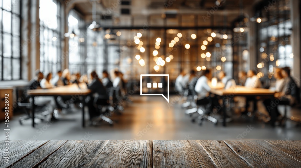 Poster Wooden table in an office environment with people engaged in discussion in the background creating a collaborative atmosphere