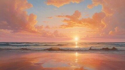 Sunset on a quiet coast with golden light reflecting off gentle waves and soft clouds casting a warm glow