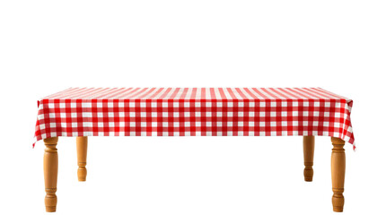 Empty wooden table with red gingham tablecloth isolated on transparent background